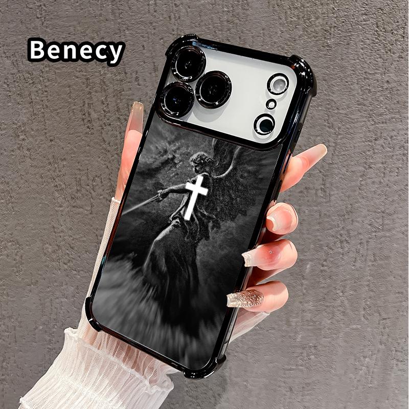 Phone Case for iPhone 17 Pro Max 16 15 Plus Air 14 13 12 11 E Christian Aesthetics Cross Judgement Angel Pattern Four-corner Thickened Anti-drop Protective Silicone Cover Gift