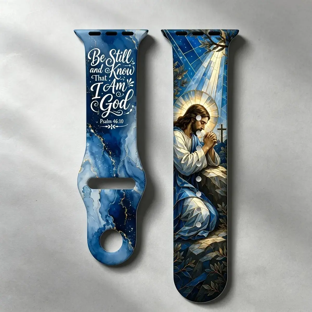 Blue Gold Marble Double Sided Printed Silicone Watch Band Compatible With iWatch, Stained Glass Praying Jesus Psalm 46 Text Pattern, Christian Faith Sport Replacement Strap Religious Holiday Gift
