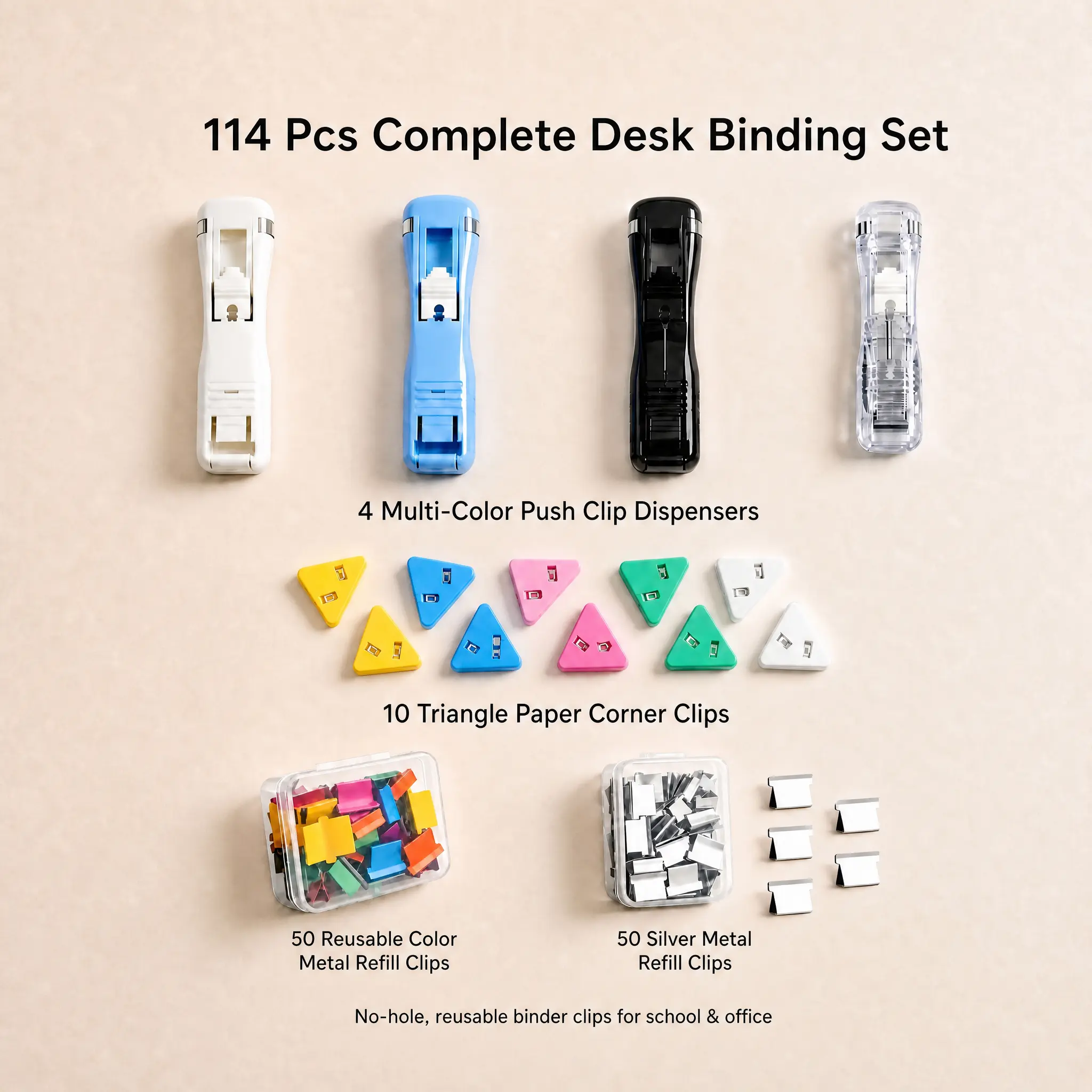 114PCS Paper Clipper Dispenser Set - No-Damage Paper Clamps Shaker & Handheld Reusable Stapler Alternative with 100 Refill Clips & 10 Triangle Corner Clips, Cute Aesthetic Desktop Supplies Desk Organizer for School Teacher Office Student Document Binding