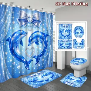 4-Piece Dolphin Romantic Shower Curtain Set, Shiny Blue Dolphin with Love and Bow Bathroom Decoration, Including Floor Mat, U-Shaped Mat, Toilet Cover, Ocean Love Theme, Home Decoration, Bathroom Accessories
