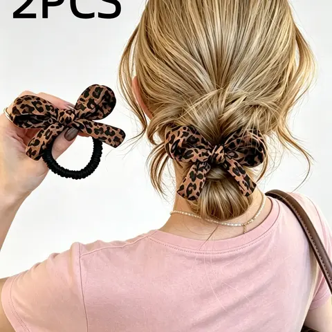 2-Pack Retro Leopard Bow Hair Ties, High Elasticity Fabric Ponytail Bands, Vintage Style Hair Scrunchies, Versatile Fashionable Hair Accessories for Women, Elastic Hair Accessory