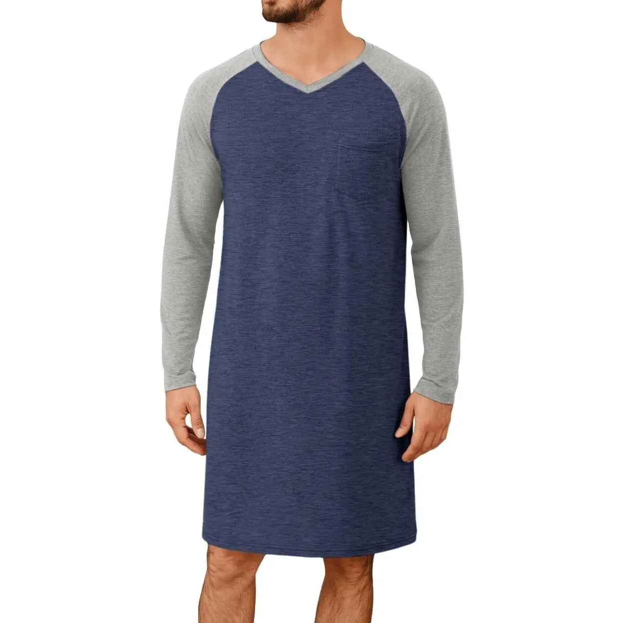 Mens Nightshirt Long Sleeve V Neck Nightgown Comfy Big & Tall Lounge Pajama Sleepwear Sleep Shirt