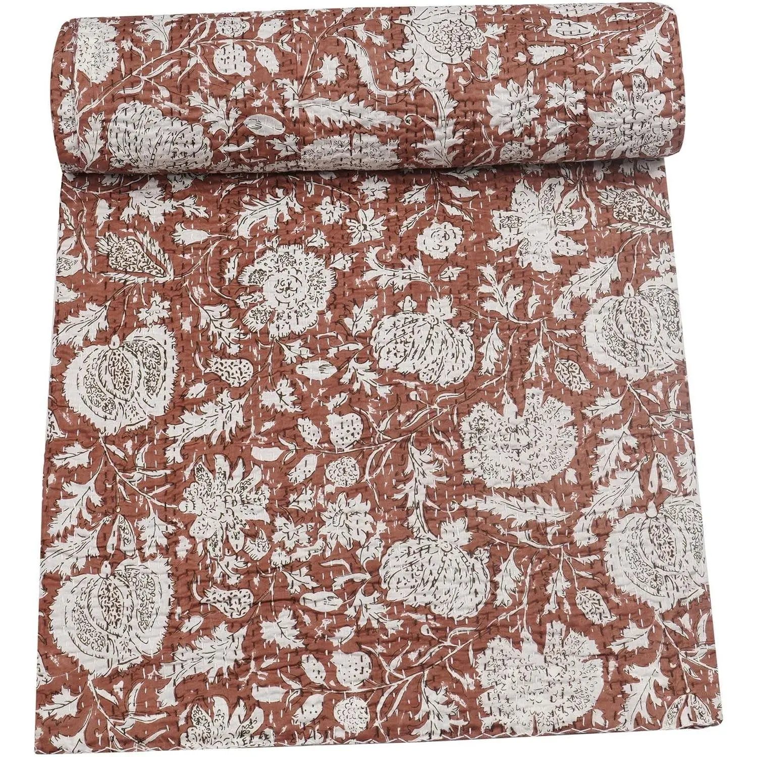 Indian Handmade Traditional Hippie Floral Print Kantha Quilt Cotton Bedding Throw Blanket Bedspread Hand Stitched with Love (Brown, Queen 90" x 108")