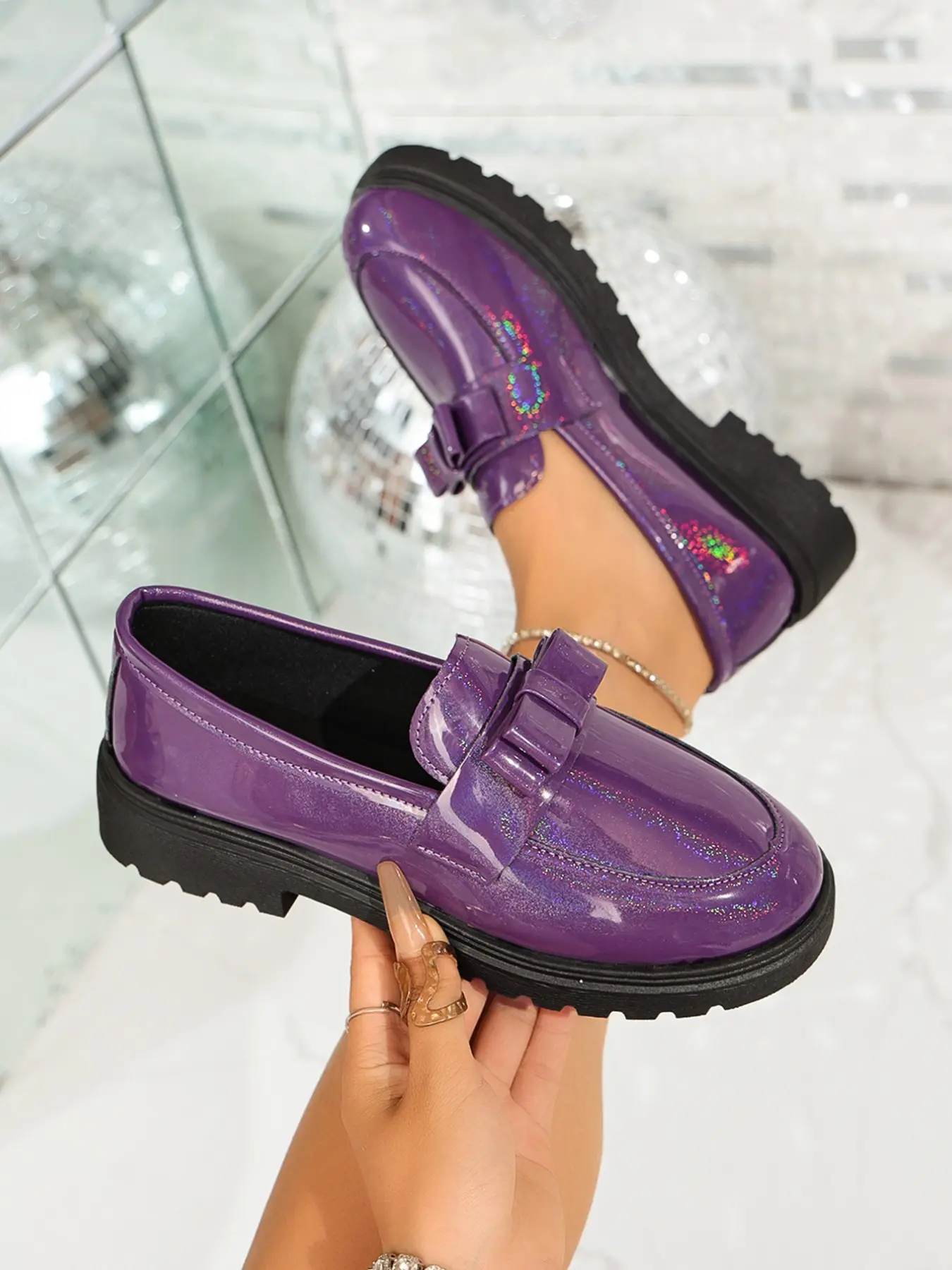 Glossy Bow Loafers for Women, Round Toe High Heel Slip-On Shoes, Comfortable Anti-Slip Thick Sole, Perfect for Daily Wear Footwear