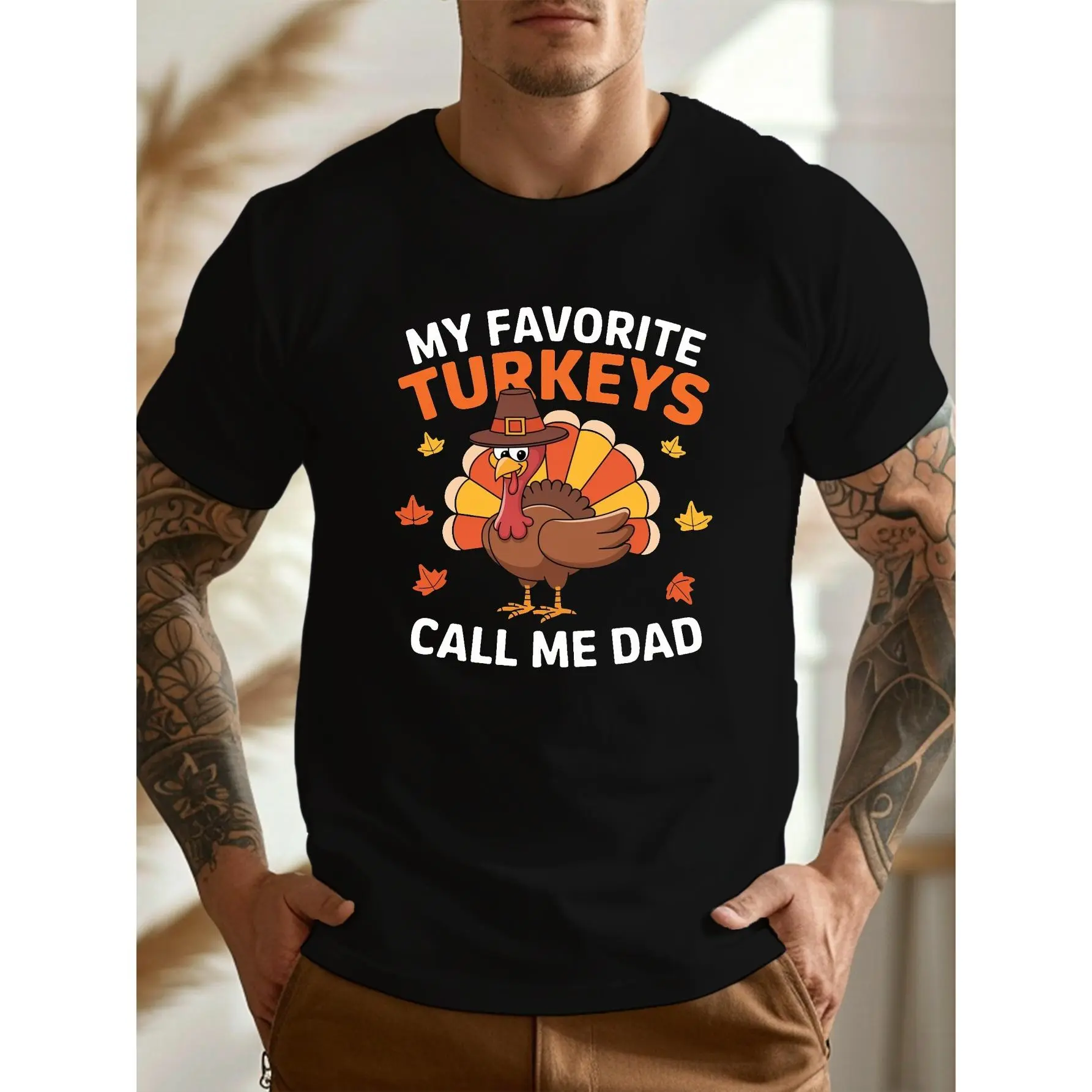 Men'S Thanksgiving Casual Crew Neck T-Shirt, 100% Polyester Knit Fabric, Geometric Turkey Print, Lightweight Summer Top with Slight Stretch, Regular Fit - 150gsm