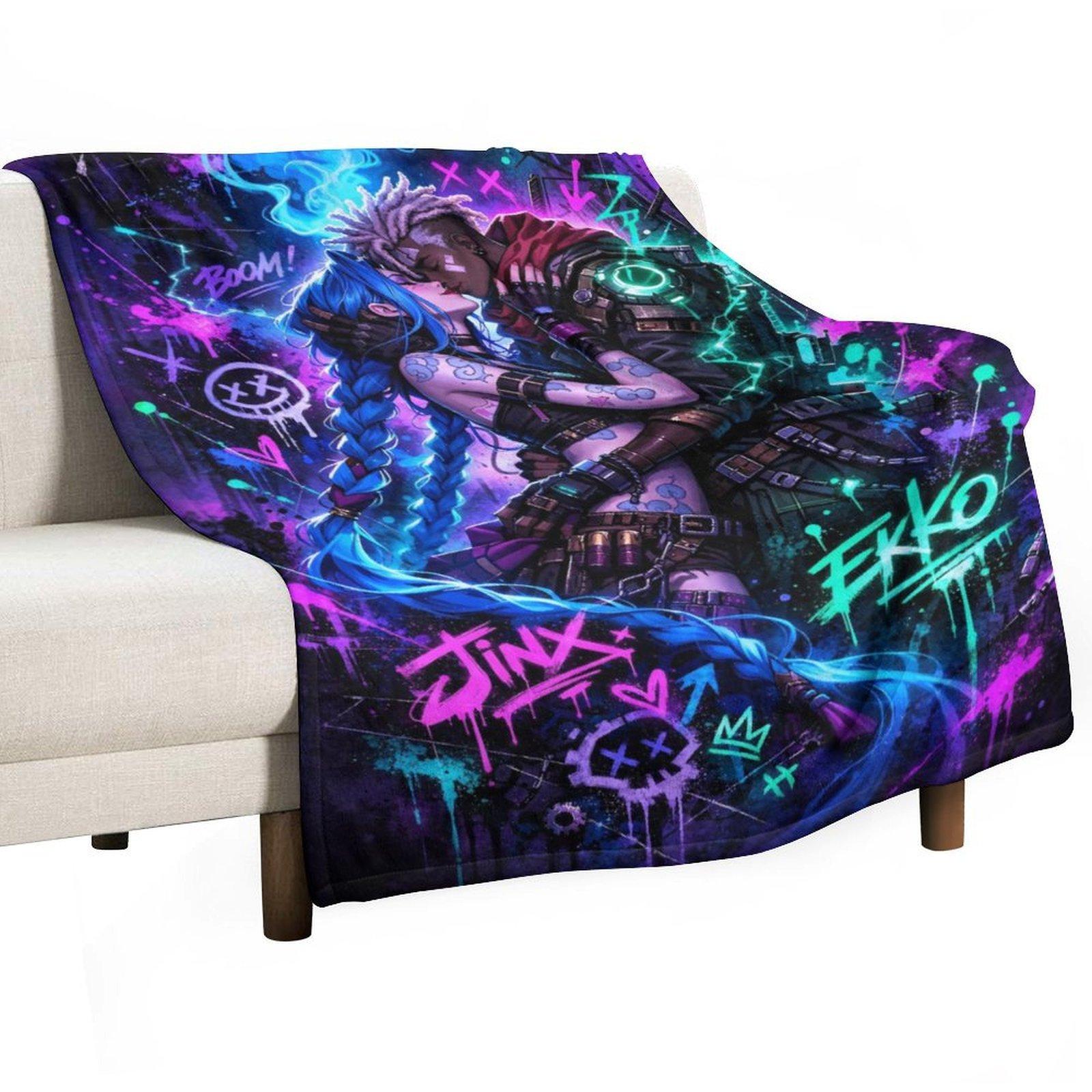 Jinx & Ekko "Neon Graffiti" Couple's Blanket | *Arcane* Anime Epic Flannel Throw Blanket