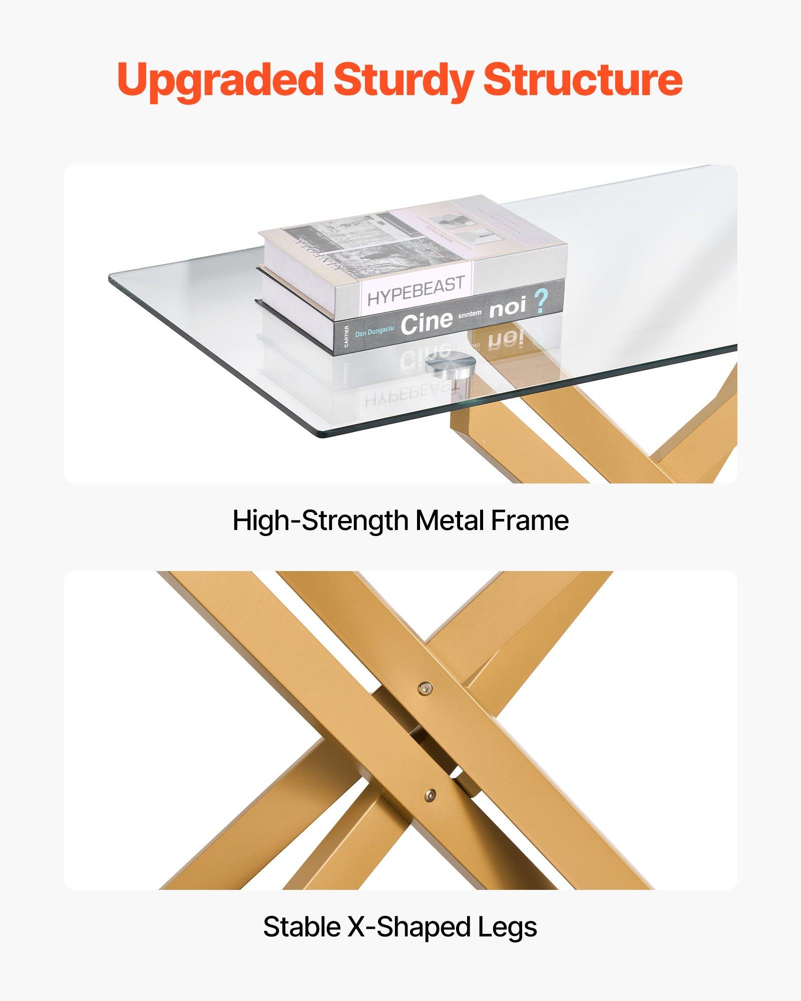 VEVOR Glass Coffee Table, Modern Rectangle Sofa Side Table with Tempered Glass Top & Iron Cross-Legs, Golden Geometric Consloe Desk with Adjustable Anti-slip Foot Pads for Living Room, Entryway, Foyer VEVOR Glass Coffee Table, Modern Rectangle Sofa Side Table with Tempered Glass Top & Iron Cross-Legs, Golden Geometric Consloe Desk with Adjustable Anti-slip Foot Pads for Living Room, Entryway, Foyer