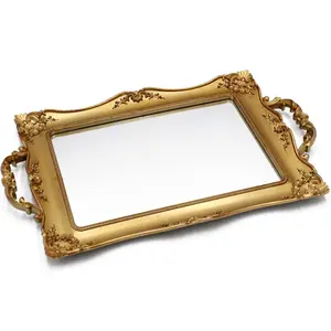 Antique Decorative Gold Framed Square Mirror Tray, Jewelry & Cosmetics Organizer for Dresser, 9.5" W x 14.5" L (Golden)