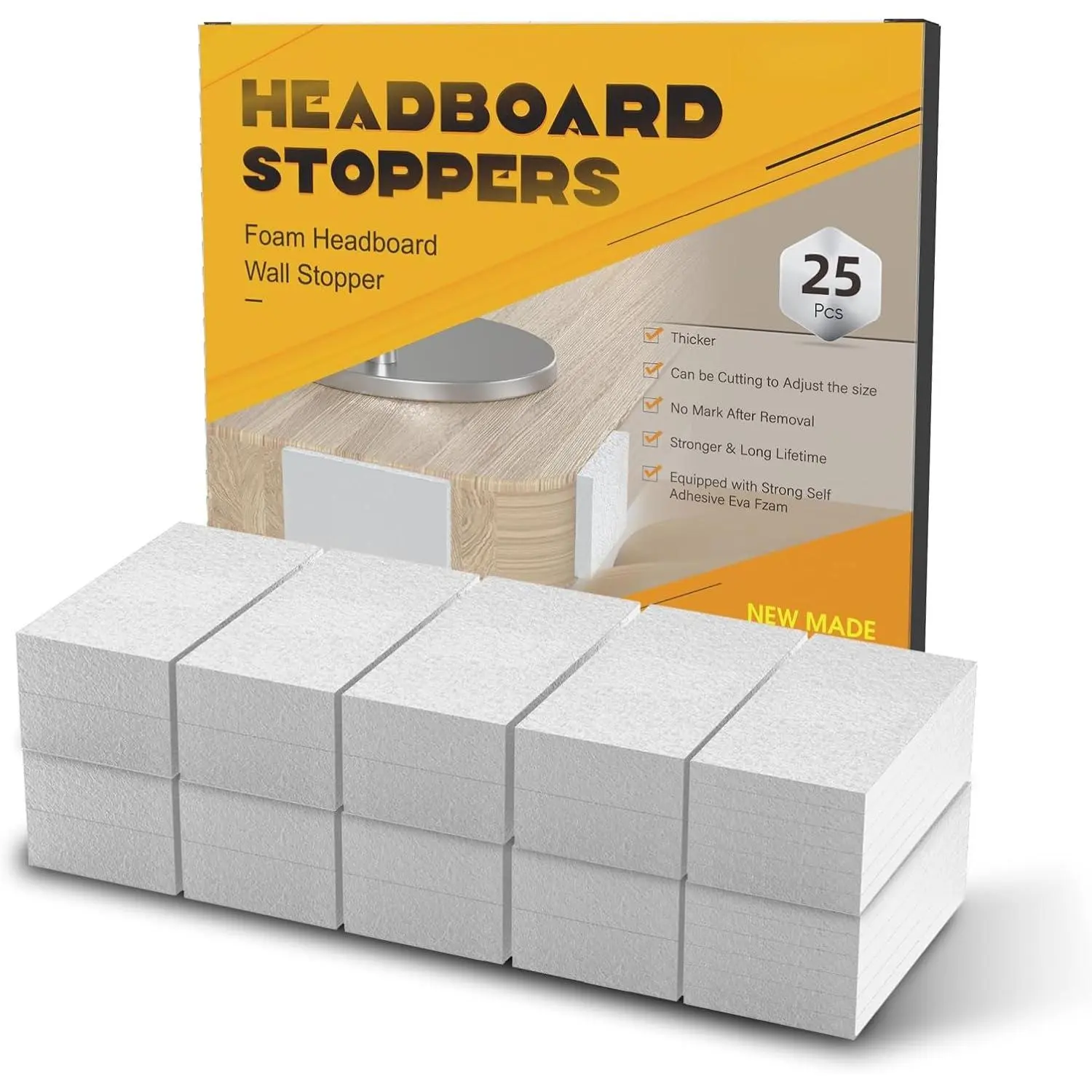 Headboard Bumpers for Wall, 25 count EVA Foamadhesive Felt Strips, Bed Furniture Wall Protectors, 10 count (15mm Thick)+15Pcs (5mm Thick) Couch Wall Protector, White Headboard Stoppers Wall Protector.