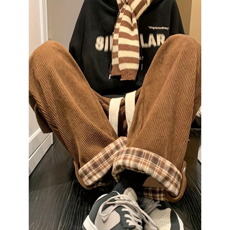 Fashion men's wear: Men's Casual Corduroy-Textured Wide-Leg Pants with Plaid Contrast Cuffs - Beige & Brown All-Season Straight-Leg Trousers, Machine Washable for Casual Attire