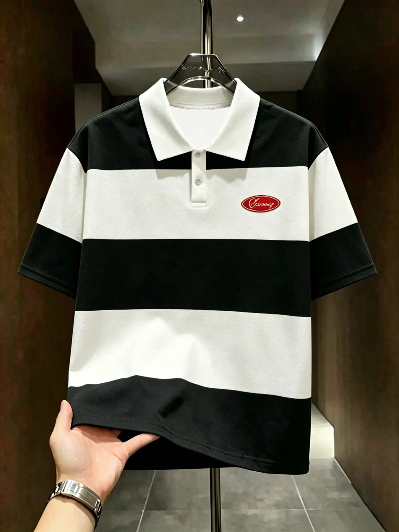 American Men's Striped Short Sleeve Polo Shirt, Vintage College Style, Loose Fit, Breathable, Summer Casual Business Top, Breathable Polo Shirts