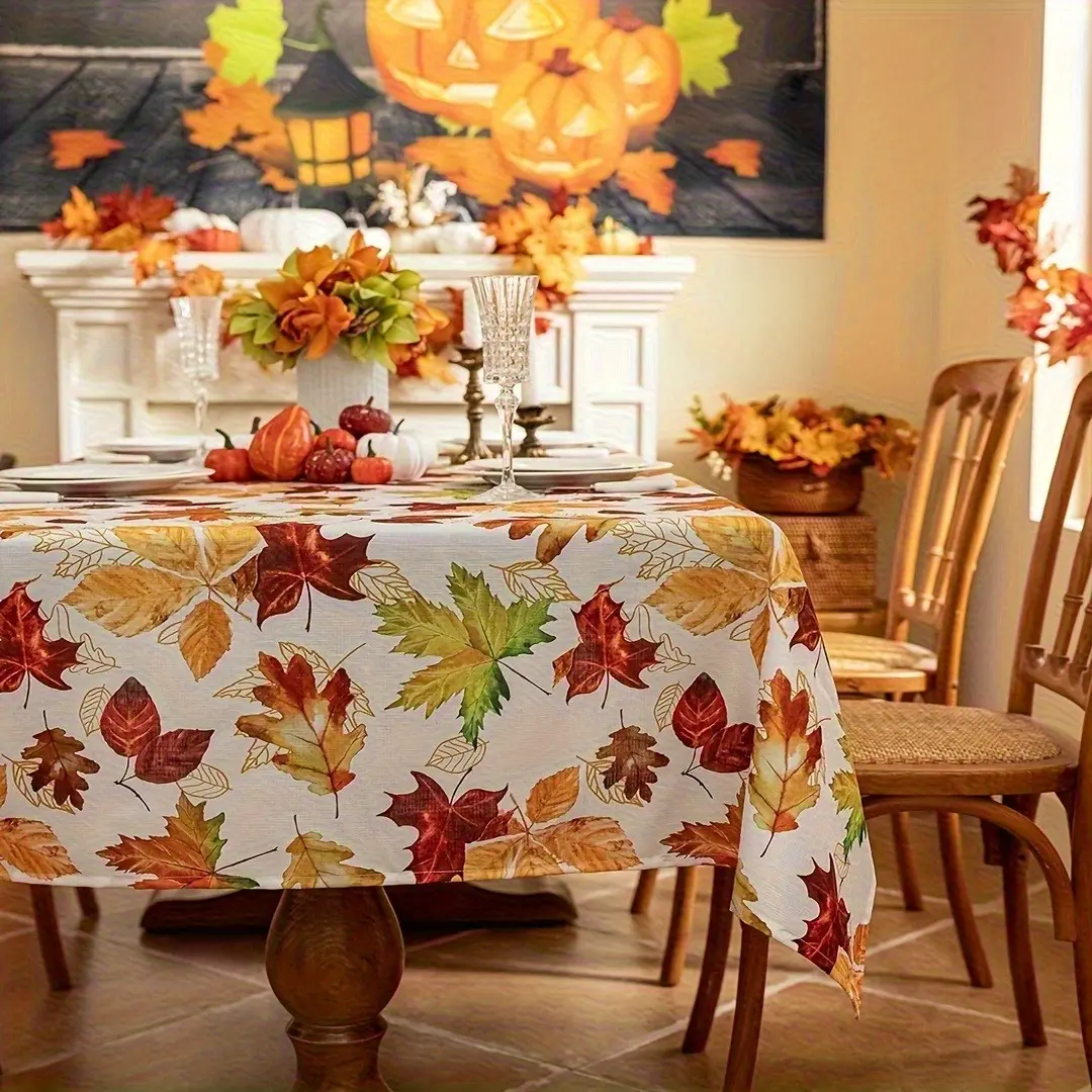 1 piece of single-sided printed autumn harvest tablecloth - Maple orange yellow leaf polyester fiber farmhouse style Halloween Christmas decoration, rectangular table, rural holiday style