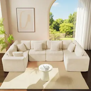 135.5" Beige Corduroy Modular Sectional Sofa 6-Seater U-Shaped Couch with Reversible Chaise Lounge, Freely Configurable for Small Apartments/Living Rooms (Easy to Assemble)