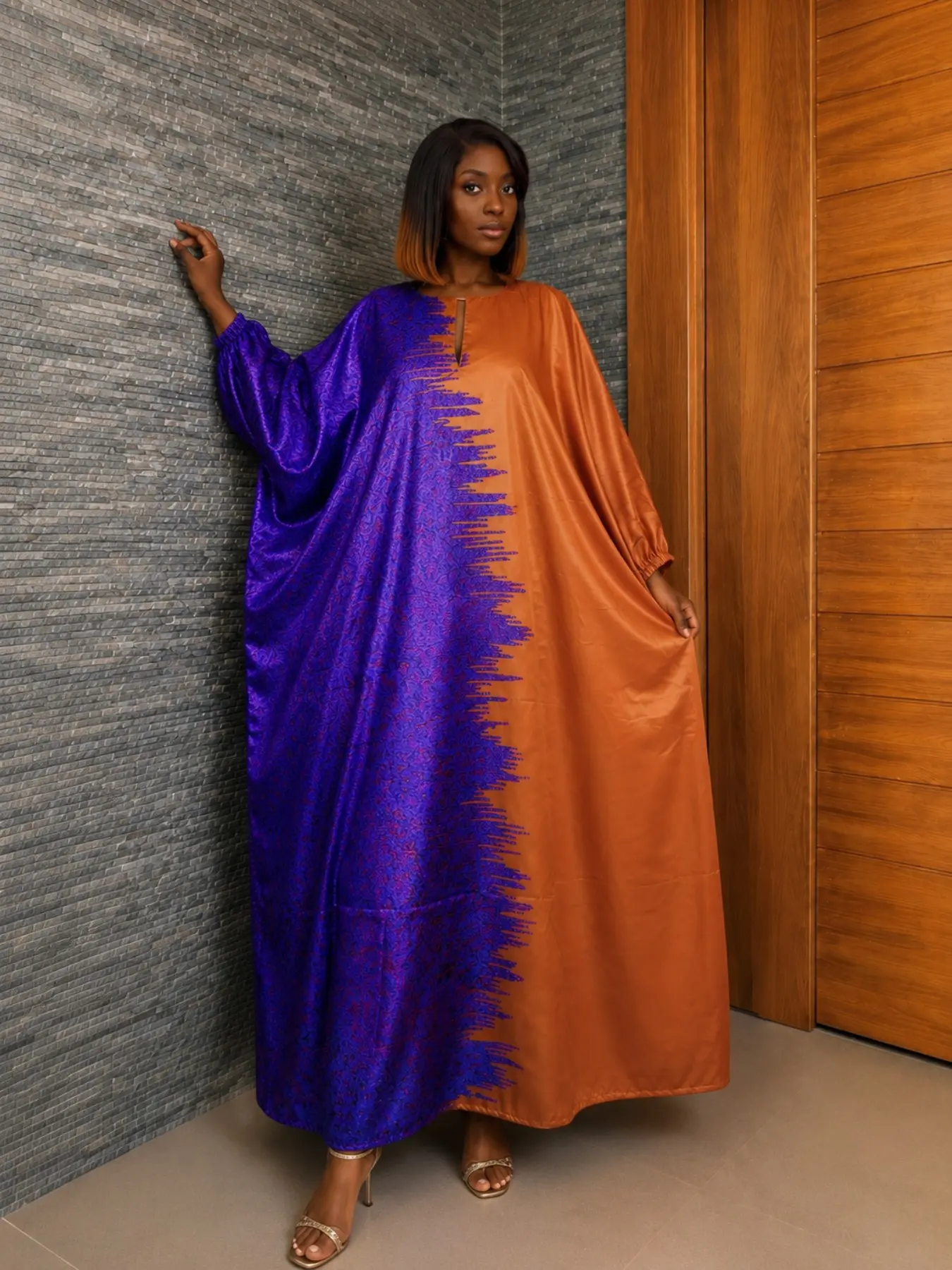 Embroidered Brocade Dress, African Kaftan Luxe Rich Auntie Gown, Bride Wedding Robe, Elegant Short Sleeve All-Over Print