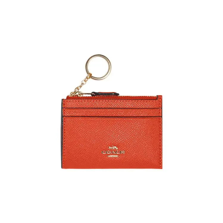 COACH Mini ID Skinny 11 Top-Zip Dual-Card Wallet in Crossgrain Leather for Women, Orange