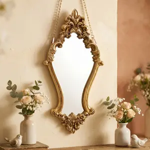 European Classical Rococo Carved Mirror, Resin Hand-Painted Wall-Mounted Makeup Mirror, Bathroom Decor, Home Decoration Gift