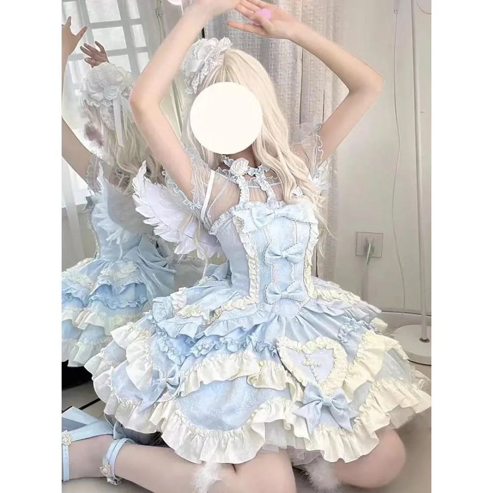 Lovely Kawaii Slash Neck Slim Lolita Dress Women Sweet Design Bow Off Shoulder Sling Dresses Elegant Cute Pretty New Clothing