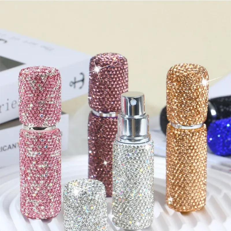 Luxury small diamond-studded perfume refill bottle, straight cosmetic bottle, travel-friendly spray bottle, delicate pump bottle