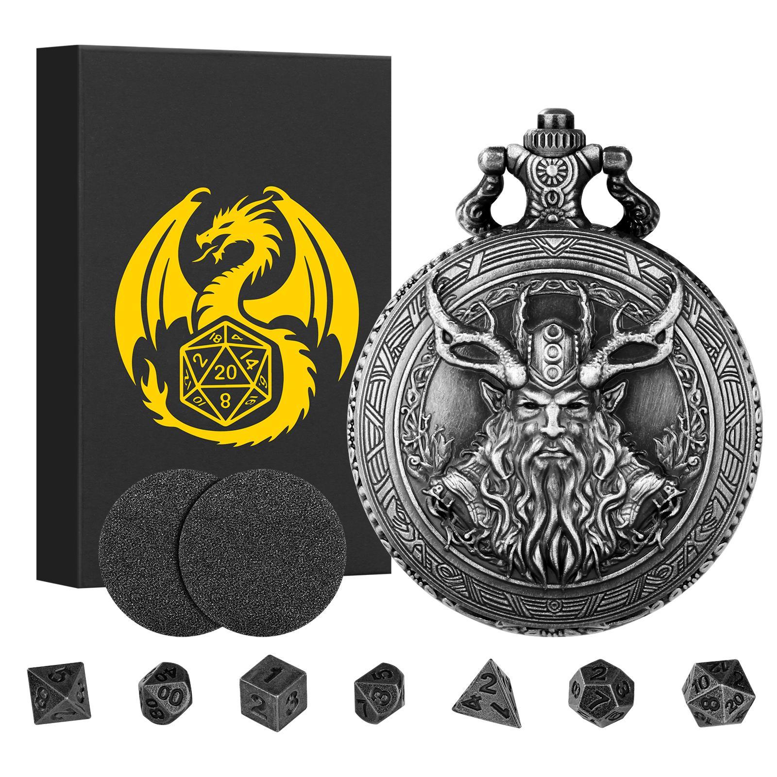 Druid Half Orc Design Pocket Watch Gift Box Set, 1 Set Vintage Pocket Watch with 1 Count Chain & 7 Counts Dice, Role Playing Game Dice Props