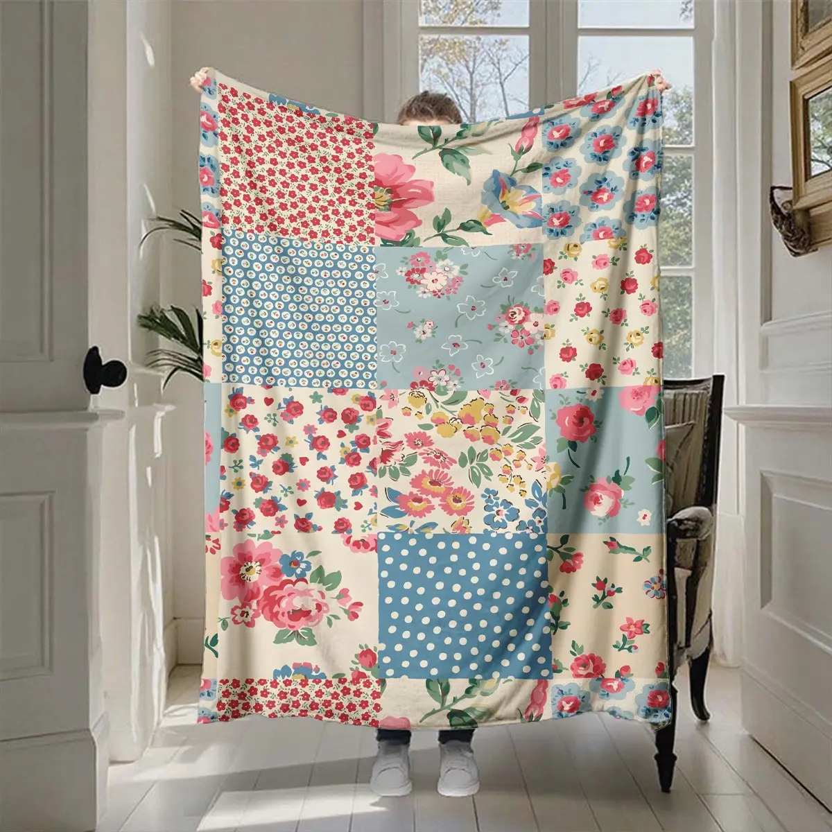 All-Season Checkered Floral Patchwork Dots Loose Throw Blanket, Unique Plush Fabric, Multi Sizes, Ideal for Camping, Napping, Car Cover (Sports & Outdoor Sleeping Gear)
