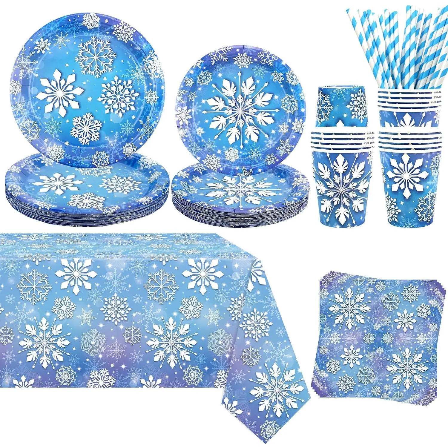 Winter Snowflake Party Decoration Include Plates Tablecloth Napkins Cups Straws, Tableware Set for Snowflake Winter Wonderland Party  Shower (20)