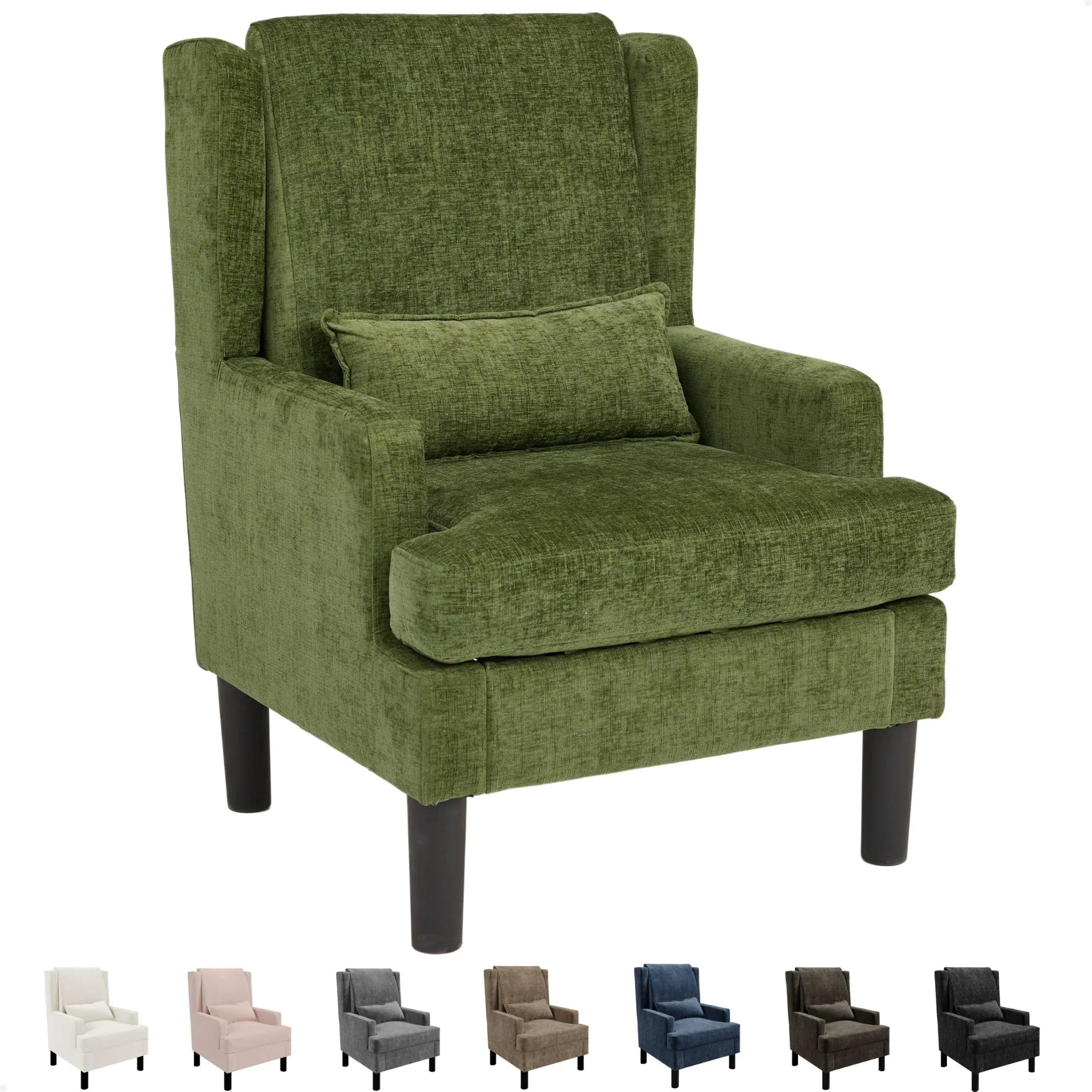 Wingback Accent Chair – Mid-Century Modern Reading Chair with High Back, Soft Pillow, Chenille Upholstery & Wood Legs for Living Room & Bedroom