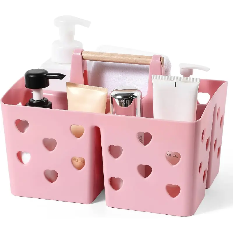 Pink Divided Compartment Plastic Shower Caddy Basket, Portable Handheld Cleaning Storage Tote Organizer, Perfect Daily Essential Supplies for College Dorms, Bathrooms and Kitchen Use