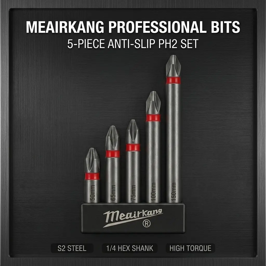 Meairkang 5PCS Serrated Anti-Slip PH2 Magnetic Screwdriver Bit Set, S2 Steel Multi Length 50/65/75/100/150mm, Matte Sandblasted Surface, Anti-Stripping Design, 1/4" Hex Shank for Impact Drill, Woodworking, Auto & Household Repair