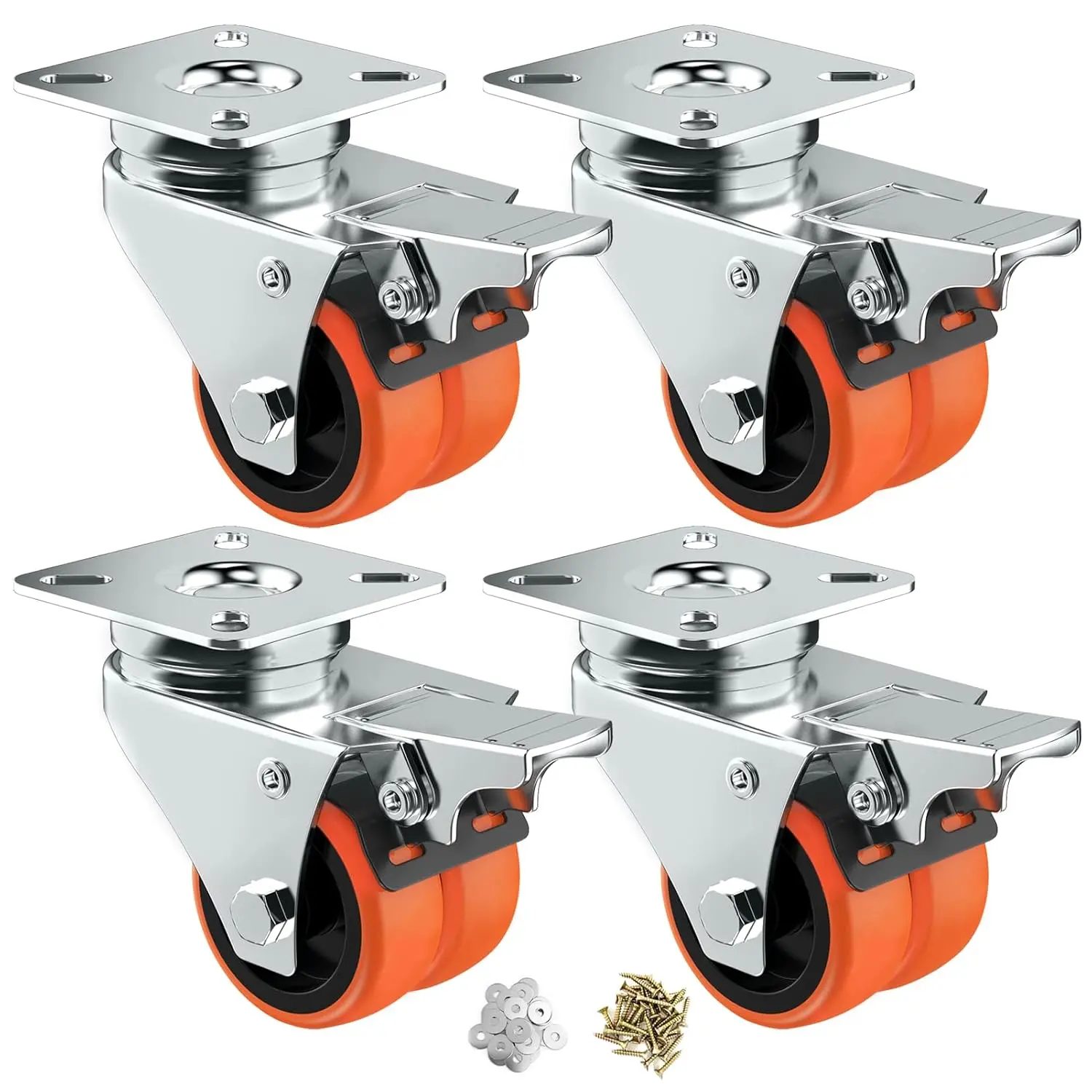 2" Double Wheel Casters (4 Pack) - Orange TPE, Heavy Duty, Non-Marking, Swivel Plate Locking, for Garage Carts, Workshop Carts, Hardwood Floors, with Pointed Screws