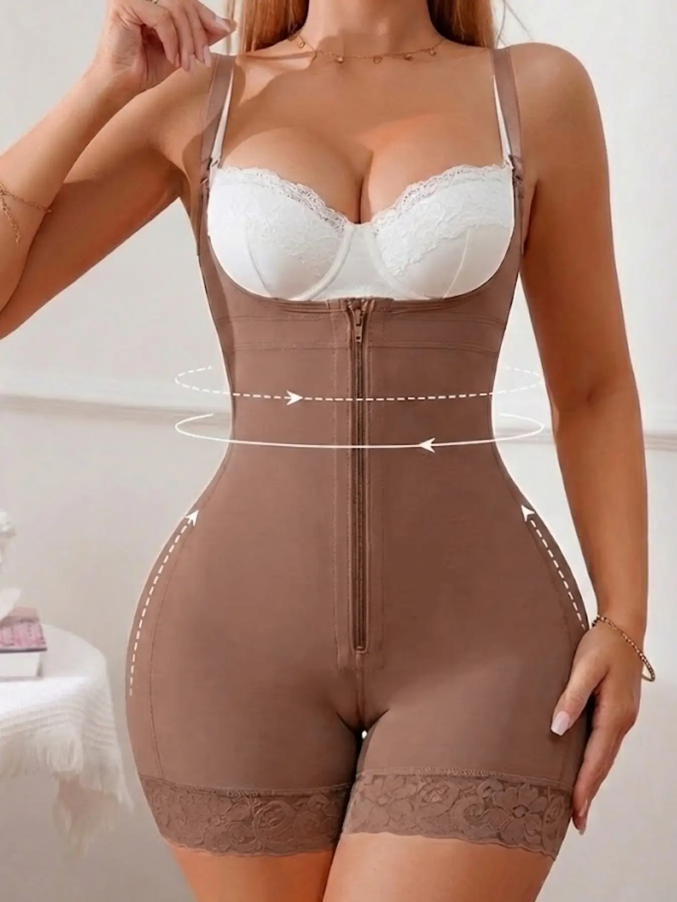 1 Count Women's Adjustable Shoulder Straps Tight-Fitting Shapewear Bodysuit, Solid Color Zipper Shapewear, Butt Lifting And Tummy Control Crotch Opening Design Body Shaper, Fajas, Anti-Slip Lace Trim Bodysuit, Suitable For Training Or Sports