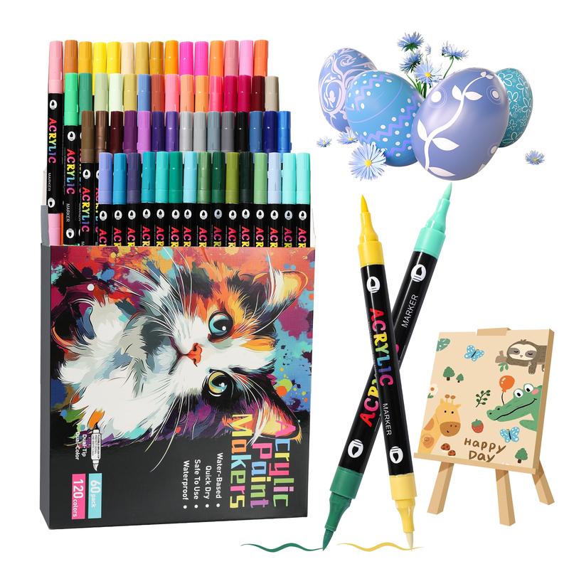 120 Color Acrylic Paint Markers Set, 60 Dual Tip Pens for Wood Canvas Stone Glass Ceramic Surfaces, DIY Crafts Art Supplies