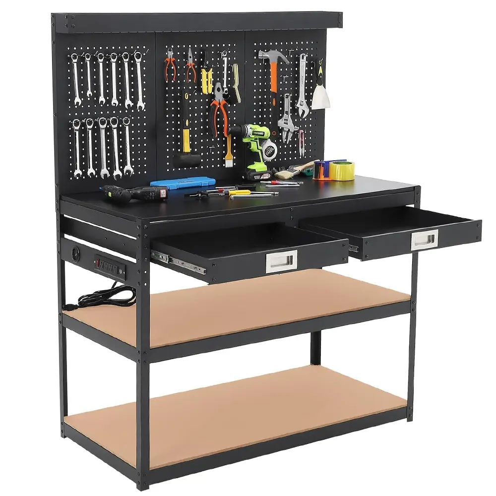 31'' Work Bench with 2 Storage Drawers & Pegboard, Height Adjustable Heavy Duty Work Table, 2000LBS Load Rubber Wood Top Workstation, ETL Power Strip, 3-Tier Metal Storage Workbench with Lockable Casters for Garage, Workshop, Home Office