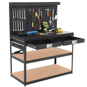 31'' Work Bench with 2 Storage Drawers & Pegboard, Height Adjustable Heavy Duty Work Table, 2000LBS Load Rubber Wood Top Workstation, ETL Power Strip, 3-Tier Metal Storage Workbench with Lockable Casters for Garage, Workshop, Home Office