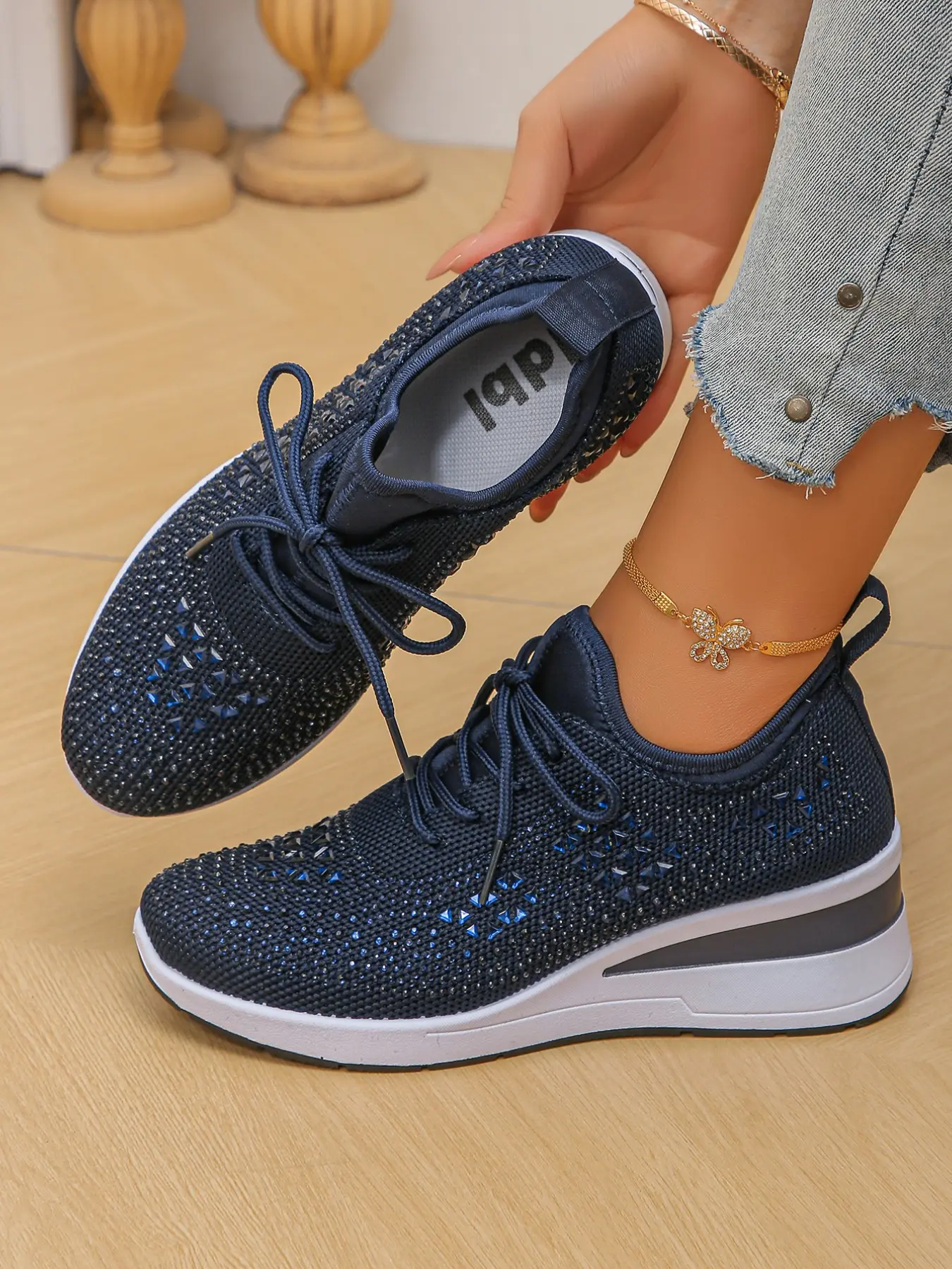 Women Rhinestone Knit Wedge Sneakers, Lace-up Flying Woven Upper Platform Casual Trainers, Sparkling Crystal Decor Walking Shoes, Multicolor Fashion Sneakers for Daily Commute, Shopping, Street Style & Holiday Leisure Matching Outfits