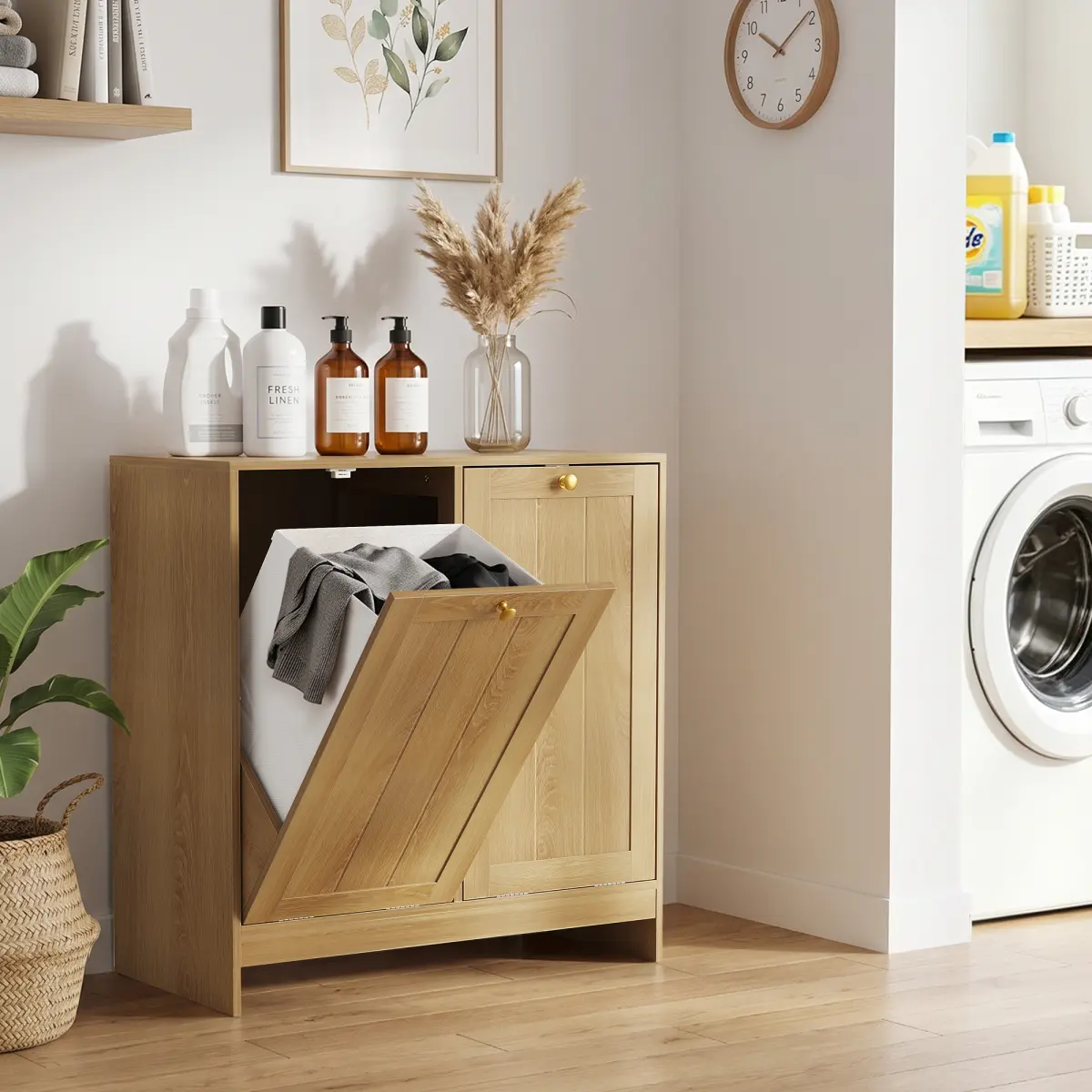 Tilted Laundry Hamper with Removable Basket, Hidden Laundry Hamper, Bathroom Laundry Hamper Storage Cabinet, Free-Standing Home Organizer, oak