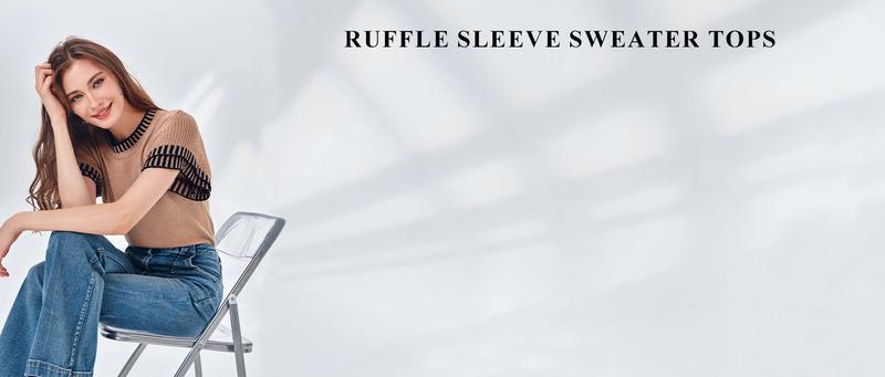 Saodimallsu Womens Short Sleeve Sweaters Tops Summer Ruffle Striped Loose Crew Neck Lightweight Soft Shirts Knit Sweater