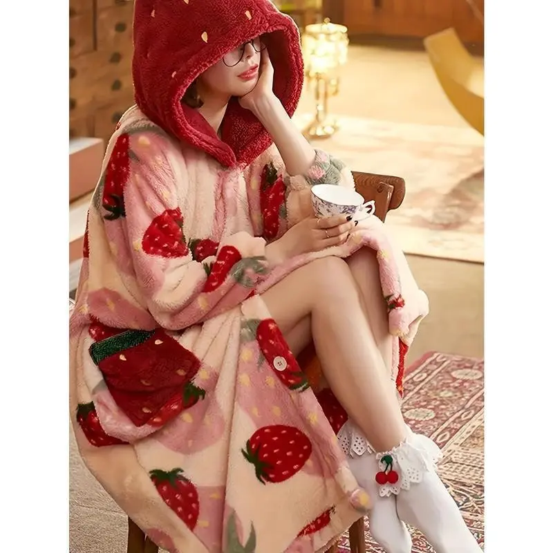 [Cozy Strawberry Robe] Soft Coral Fleece Cozy Strawberry Print Robe for Women - Long Sleeve Hooded Womenswear Gowns Loungewear Nightwear Comfort Oversized Bag Baggy Loose