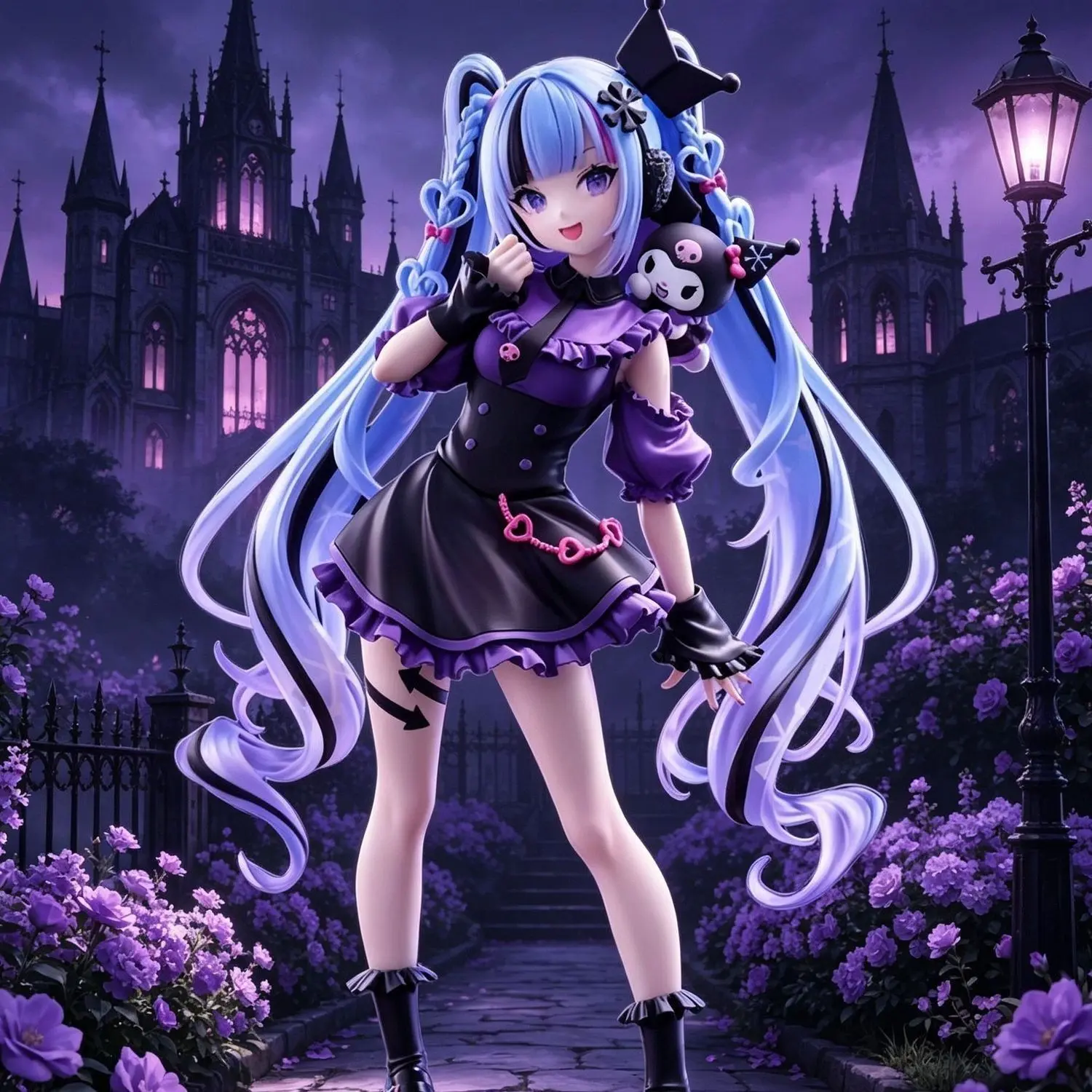 Hatsune Miku Kuromi Gothic Figure, Anime Collectible Model, Gradient Blue Twin Tails, Lolita Skirt, Detailed Accessories, Desktop Display