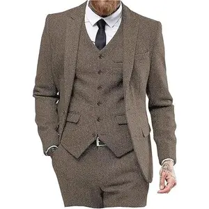 Men's Slim Fit 3-Piece Vintage Tweed Herringbone Suit Perfect for Business Meetings Weddings Formal Events