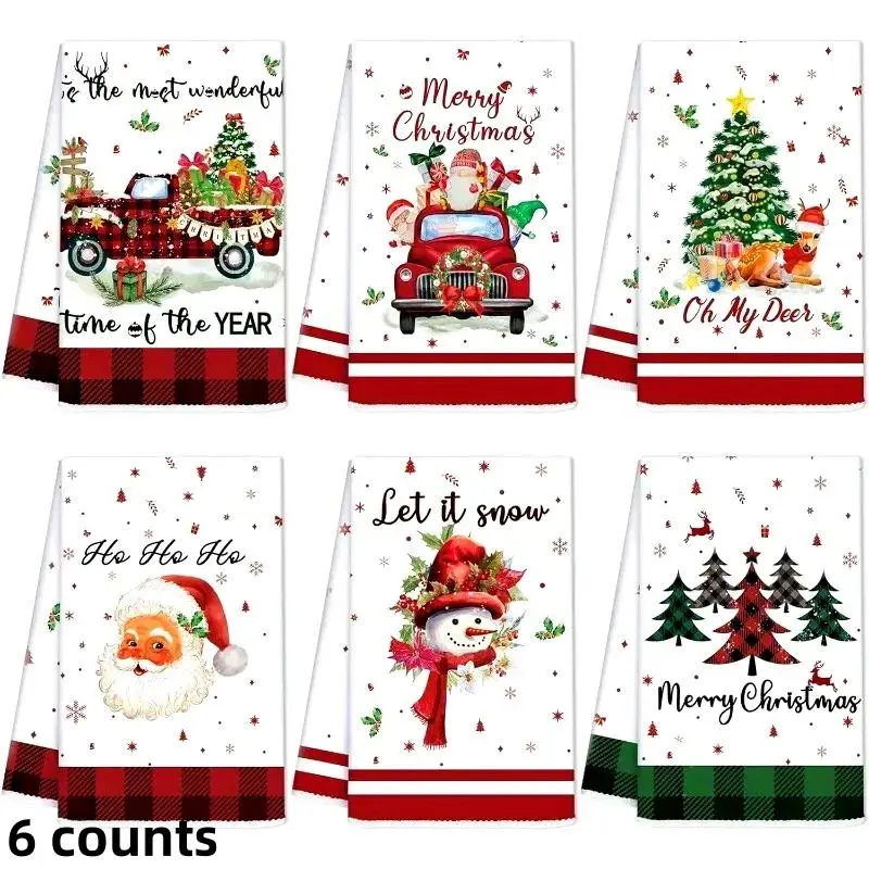 6 Counts Christmas Kitchen Towel and Dishcloth Set, Including Santa Claus, Trees, Snowman, Truck Patterns - Winter Festival Party Decoration Gift