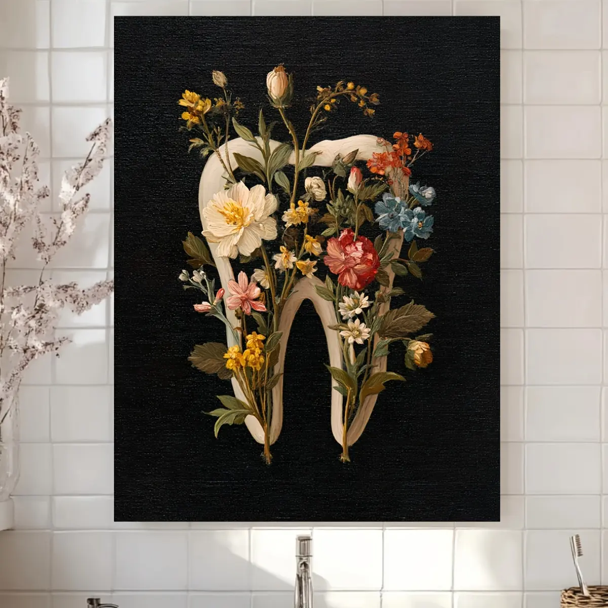 2D Print, 1 Piece Modern Dental Clinic Decoration - A Floral Anatomical Illustration Featuring Teeth - Artwork Describing Dental Procedures - Canvas Poster Suitable for Dentists, Dental Assistants, and Clinics