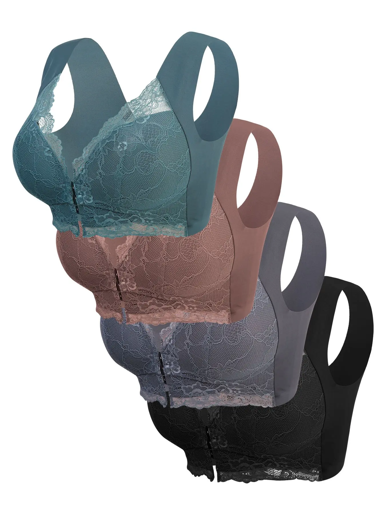 Women's 4-Pack Contrast Lace Hook Front Buckle Push-Up Bra, Soft Comfortable Elegant Breathable Wireless Lingerie, Ideal for Daily Wear
