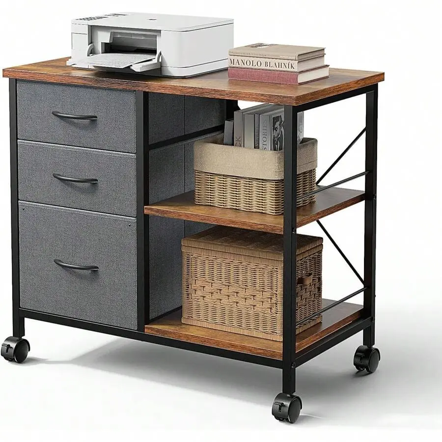 3-Tier Mobile File Cabinet with Wheels, Printer Stand with Storage Drawers and Back Support Bar, 110lbs Capacity Office Furniture for Home Office, Holds 110Lbs, Mobile Cabinet, Metal Frame
