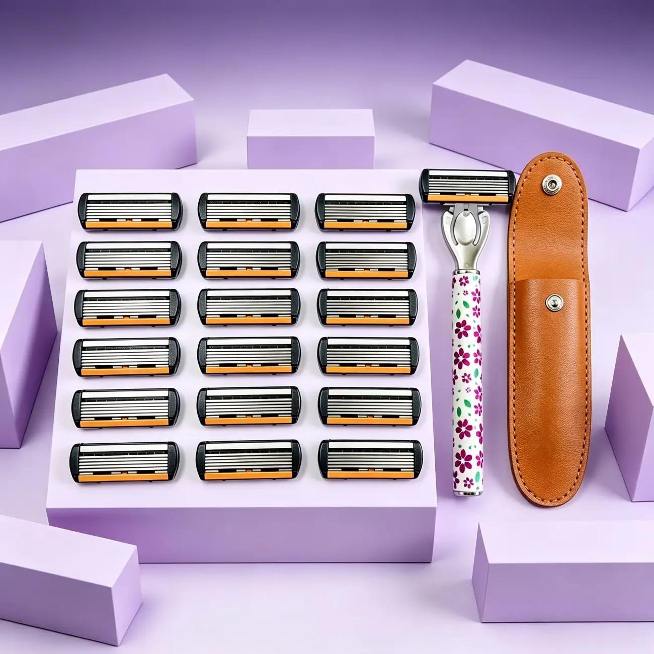 Purple floral shaver set, Shaver combo, with 2 handles +18 replacement blades +1 handle storage case, 6-layer ultra-sharp blades for shaving, reducing repeated shaving, easy to clean, compact and portable, Travel Shaver, suitable for men and women