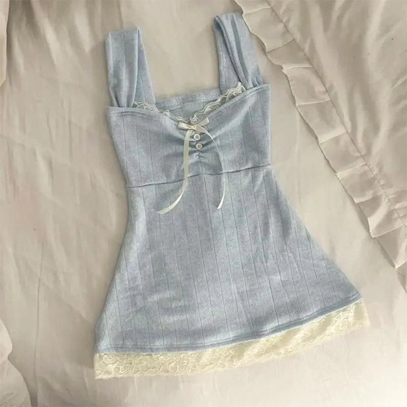 Y2K Harajuku Kawaii Sweet Women's Camisole Top Casual Slim Chic Knit Lace Bow Button Design Crop Top Emo Girls Fairycore Clothes, Sleeveless, Casual Wear