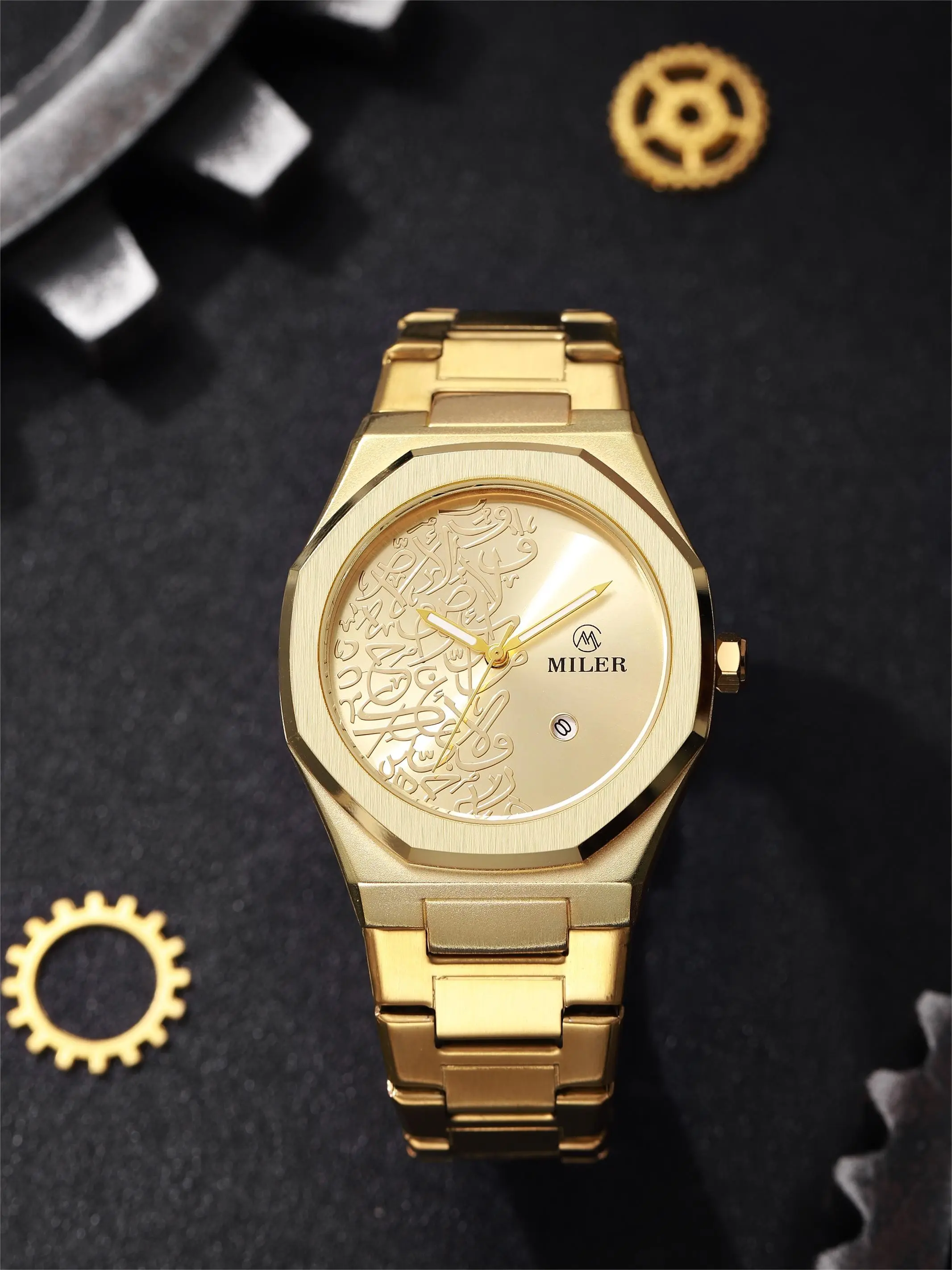 Men's Luxury Octagon Stainless Steel Watch, Vintage Arabic Calligraphy Dial, Calendar Waterproof Quartz, Business Casual Gift