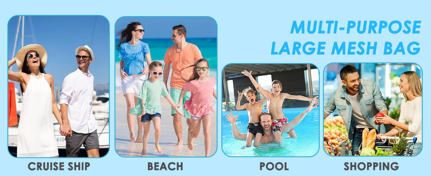Mesh Beach Bag, Large Beach Tote with Zipper Pocket, Toys Pool Bag for Family Travel Vacation Cruise Essentials