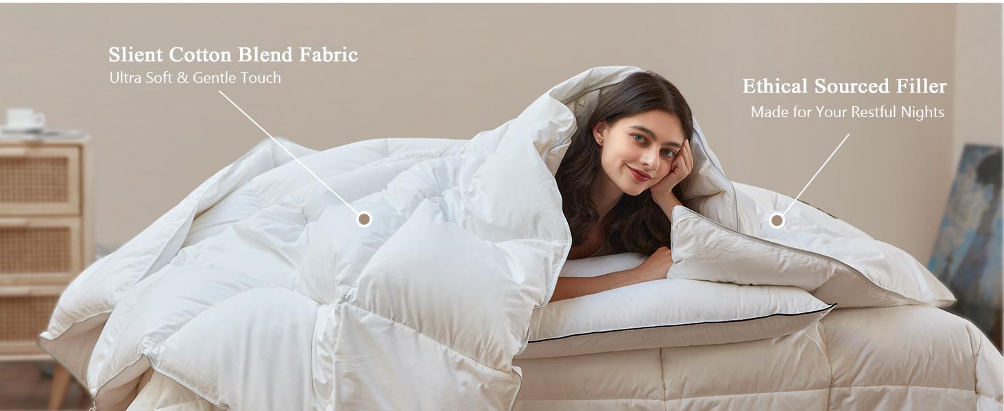 DWR Luxury Feather Down Fiber Comforter Oversized Queen Size,-Soft Cotton-, Light Weight for Hot Sleepers/Warm Hotel Style Duvet Insert with Ties (98"x98", White)