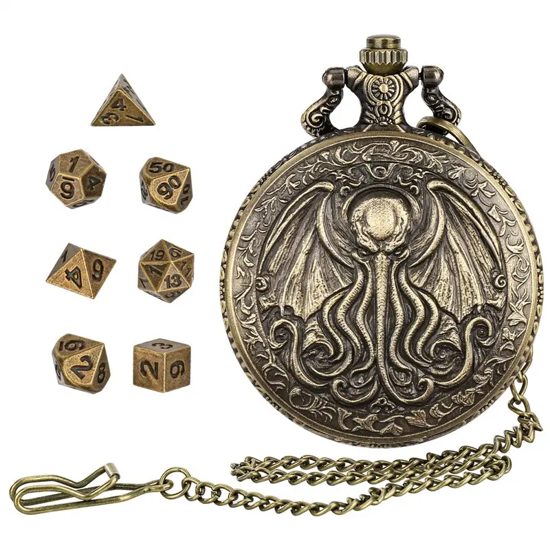 Barbarian Antique Winged Octopus Pocket Watch Case and Pendant Chain,7Pcs Mini Metal Polyhedral Dice Set RPG Tabletop Game Accessories,Indoor Entertainment Gaming Dices,