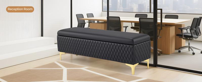 OmySalon Waiting Room Bench with Storage, Faux Leather Office Guest Chair Lobby Seating, Reception Furniture for Small Salon Barbershop Conference Business